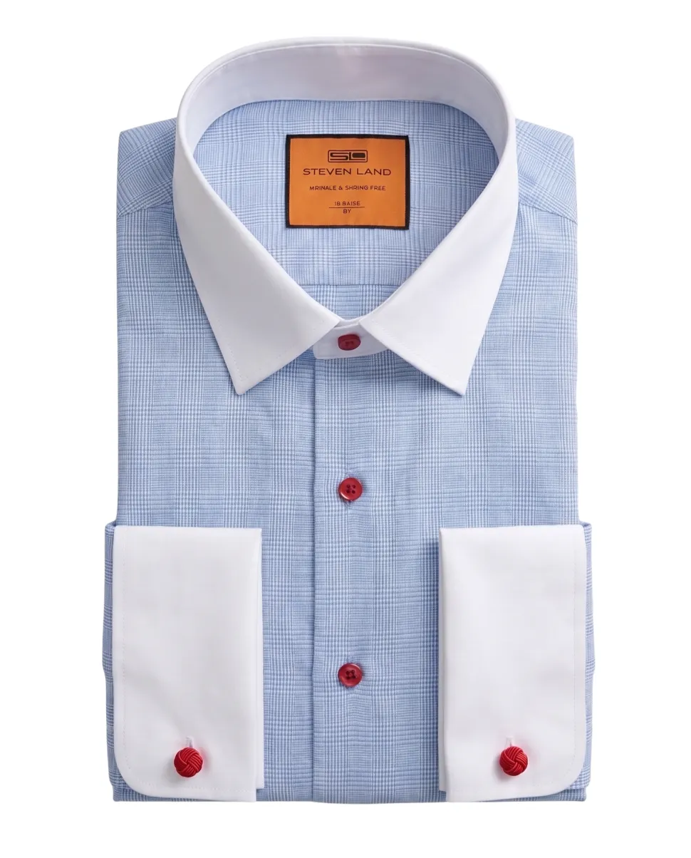 Steven Land Blue Glen Plaid Spread Collar French Cuffs Wrinkle & Shrink Free Cotton Dress Shirt