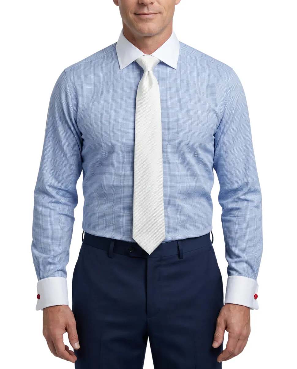 Steven Land Blue Glen Plaid Spread Collar French Cuffs Wrinkle & Shrink Free Cotton Dress Shirt