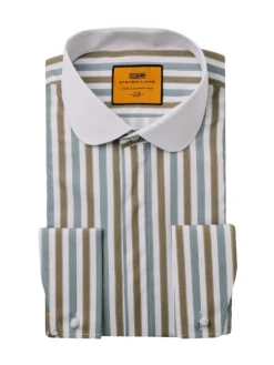 Steven Land Brown & Sage Striped Club Collar French Cuff 100% Cotton Wrinkle & Shrink Free Dress Shirt