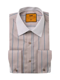 Steven Land Brown Stripe Spread Collar French Cuff Wrinkle & Shrink Free Dress Shirt