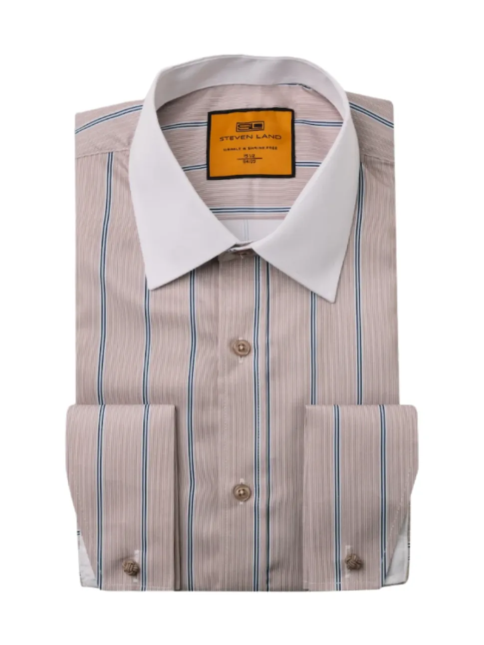 Steven Land Brown Stripe Spread Collar French Cuff Wrinkle & Shrink Free Dress Shirt