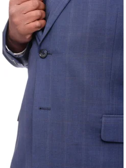 Steven Land Classic Fit Blue Windowpane Plaid Vested Wool Suit