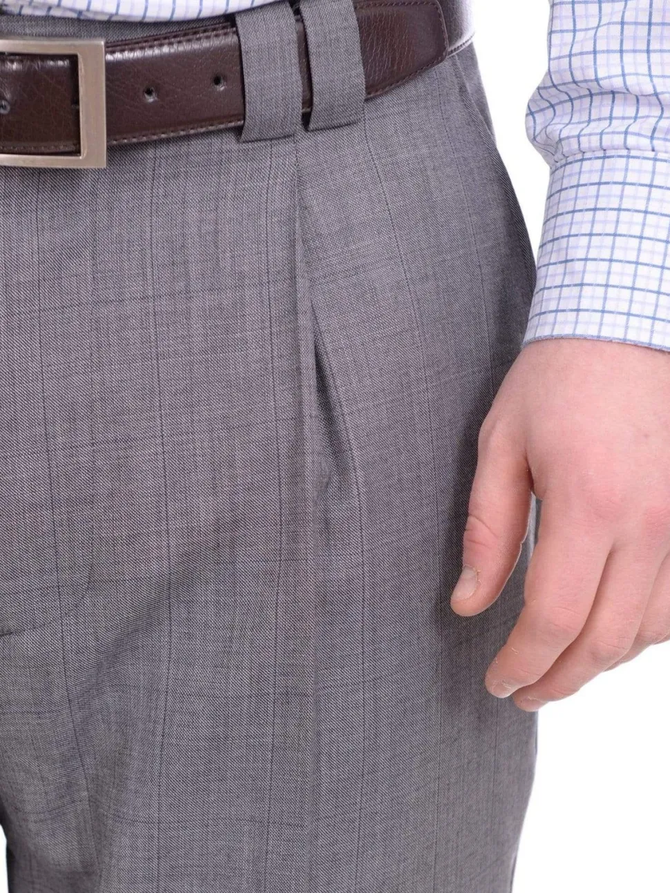 Steven Land Classic Fit Gray Plaid Single Pleated Wide Leg Wool Dress Pants