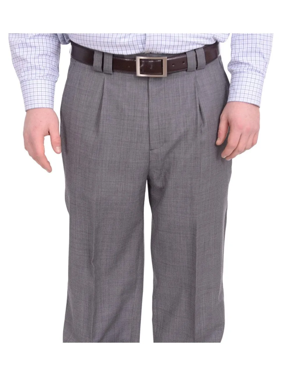 Steven Land Classic Fit Gray Plaid Single Pleated Wide Leg Wool Dress Pants