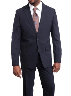 Steven Land Classic Fit Navy Blue Plaid Two Button Wool Suit