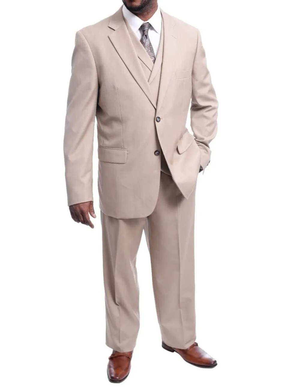 Steven Land Classic Fit Solid Tan Two Button Three Piece Wool Suit