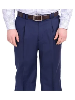 Steven Land Classic Fit Solid French Navy Blue Pleated Wide Leg Wool Dress Pants