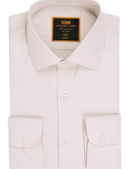 Steven Land Cream Herringbone Classic Fit Spread Collar Wrinkle Shrink Free Cotton Dress Shirt
