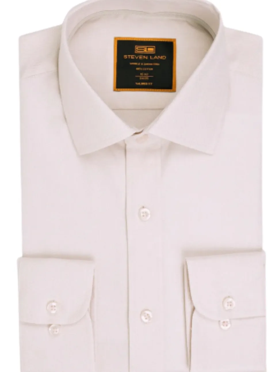 Steven Land Cream Herringbone Classic Fit Spread Collar Wrinkle Shrink Free Cotton Dress Shirt