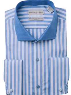 Steven Land Elite Men's Blue Stripe French Cuff Cutaway Collar Cotton Dress Shirt