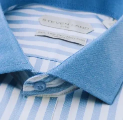Steven Land Elite Men's Blue Stripe French Cuff Cutaway Collar Cotton Dress Shirt