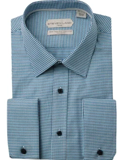 Steven Land Elite Men's Blue White Houndstooth Spread Collar Cotton Dress Shirt