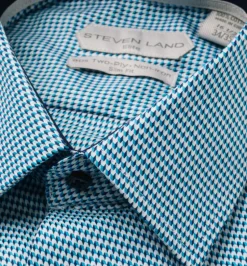 Steven Land Elite Men's Blue White Houndstooth Spread Collar Cotton Dress Shirt