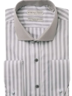 Steven Land Elite Men's Gray Stripe French Cuff Cotton Cutaway Collar Dress Shirt