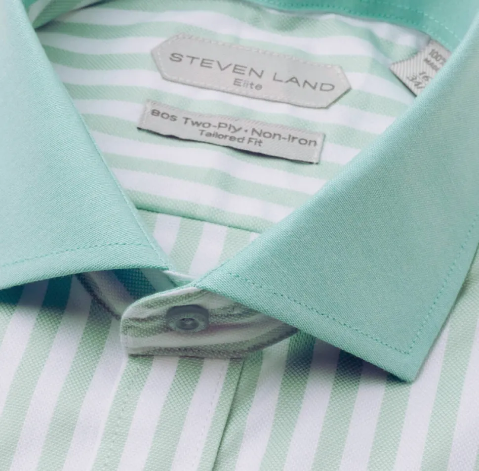 Steven Land Elite Men's Mint Green Stripe French Cuff Cutaway Collar Cotton Dress Shirt