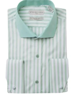 Steven Land Elite Men's Mint Green Stripe French Cuff Cutaway Collar Cotton Dress Shirt