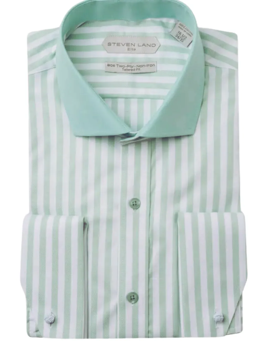 Steven Land Elite Men's Mint Green Stripe French Cuff Cutaway Collar Cotton Dress Shirt