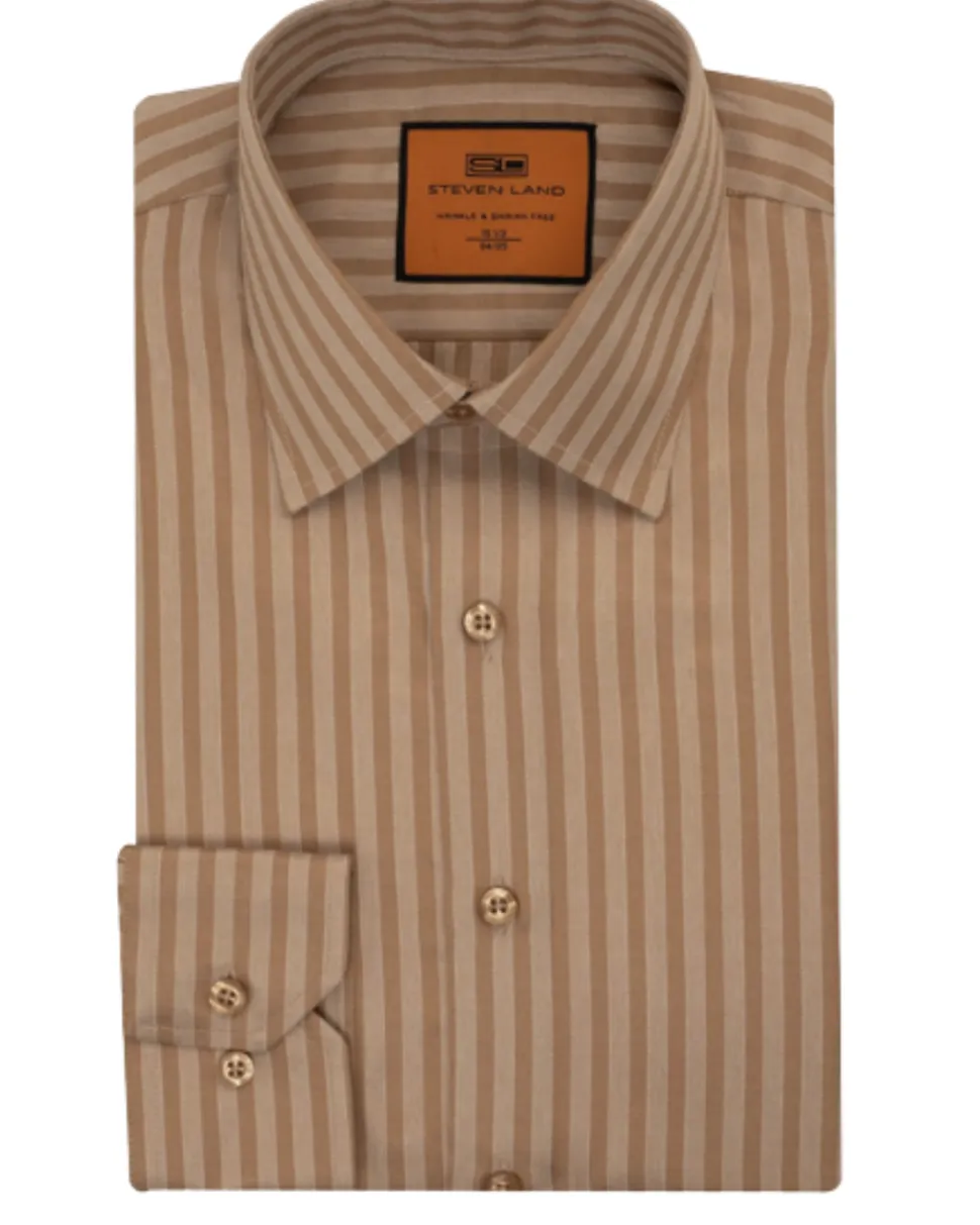 Steven Land Gold Striped Regular Fit Spread Collar Wrinkle & Shrink Free Cotton Dress Shirt