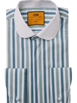 Steven Land Green & Teal Striped Club Collar French Cuff 100% Cotton Wrinkle & Shrink Free Dress Shirt