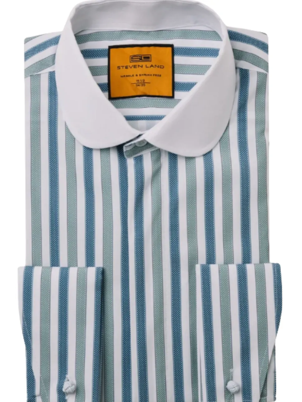 Steven Land Green & Teal Striped Club Collar French Cuff 100% Cotton Wrinkle & Shrink Free Dress Shirt