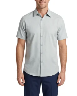 Steven Land Jade Blue Coastal Weave Tailored Fit Stretch Short Sleeve Shirt