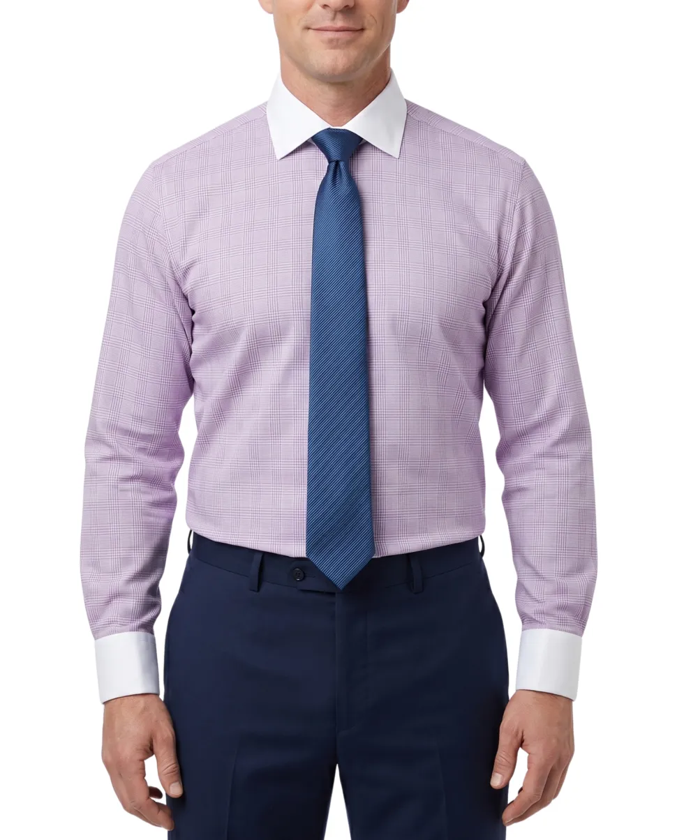 Steven Land Lavender Glen Plaid Spread Collar French Cuffs Wrinkle & Shrink Free Cotton Dress Shirt