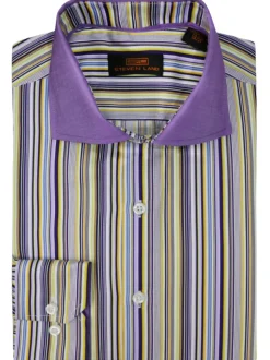 Steven Land Lilac Multi-Stripe Contrast Spread Collar Barrel Cuff Cotton Dress Shirt