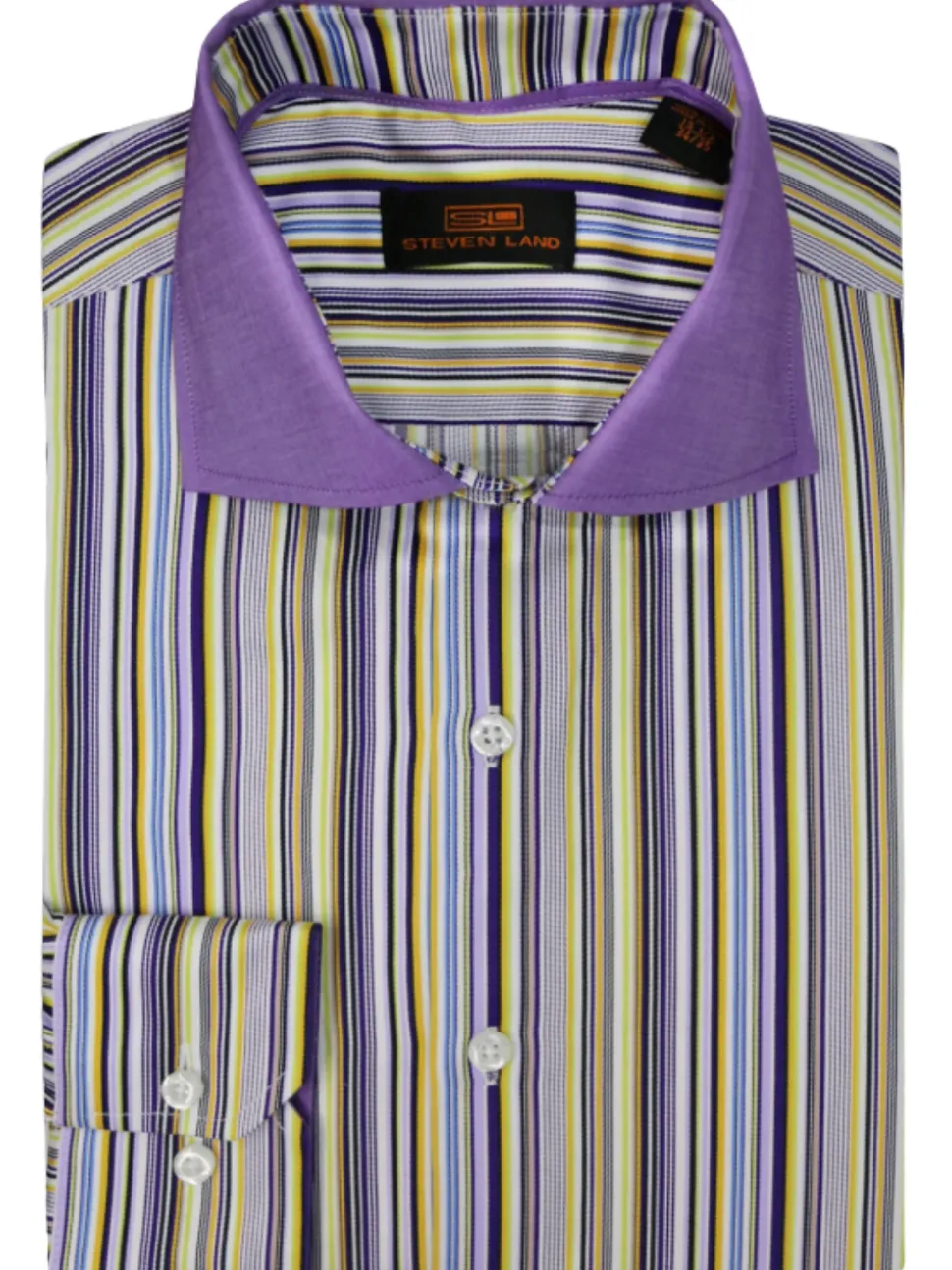Steven Land Lilac Multi-Stripe Contrast Spread Collar Barrel Cuff Cotton Dress Shirt
