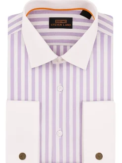 Steven Land Lilac Purple Striped Classic Fit Spread Collar French Cuff Cotton Dress Shirt