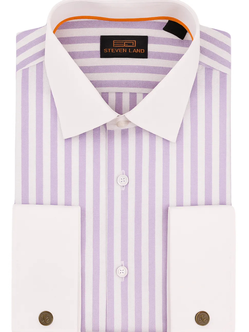 Steven Land Lilac Purple Striped Classic Fit Spread Collar French Cuff Cotton Dress Shirt