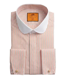 Steven Land Melon & Brown Striped Club Collar French Cuff Cotton Dress Shirt