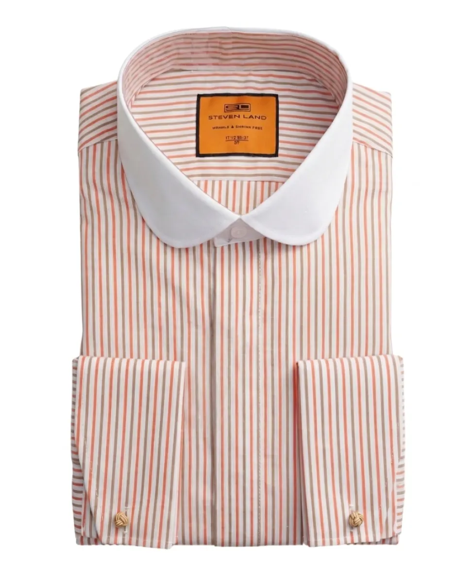 Steven Land Melon & Brown Striped Club Collar French Cuff Cotton Dress Shirt