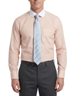 Steven Land Melon & Brown Striped Club Collar French Cuff Cotton Dress Shirt