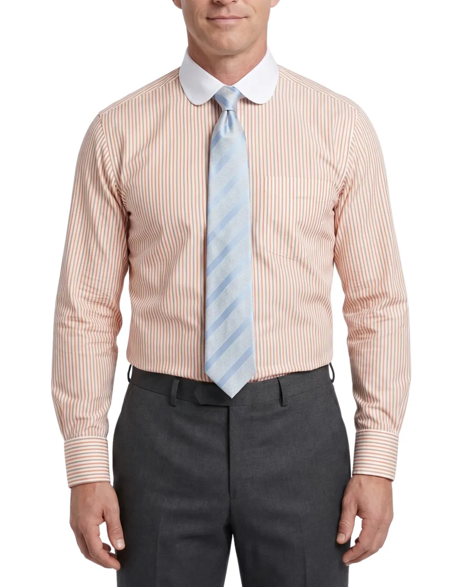 Steven Land Melon & Brown Striped Club Collar French Cuff Cotton Dress Shirt
