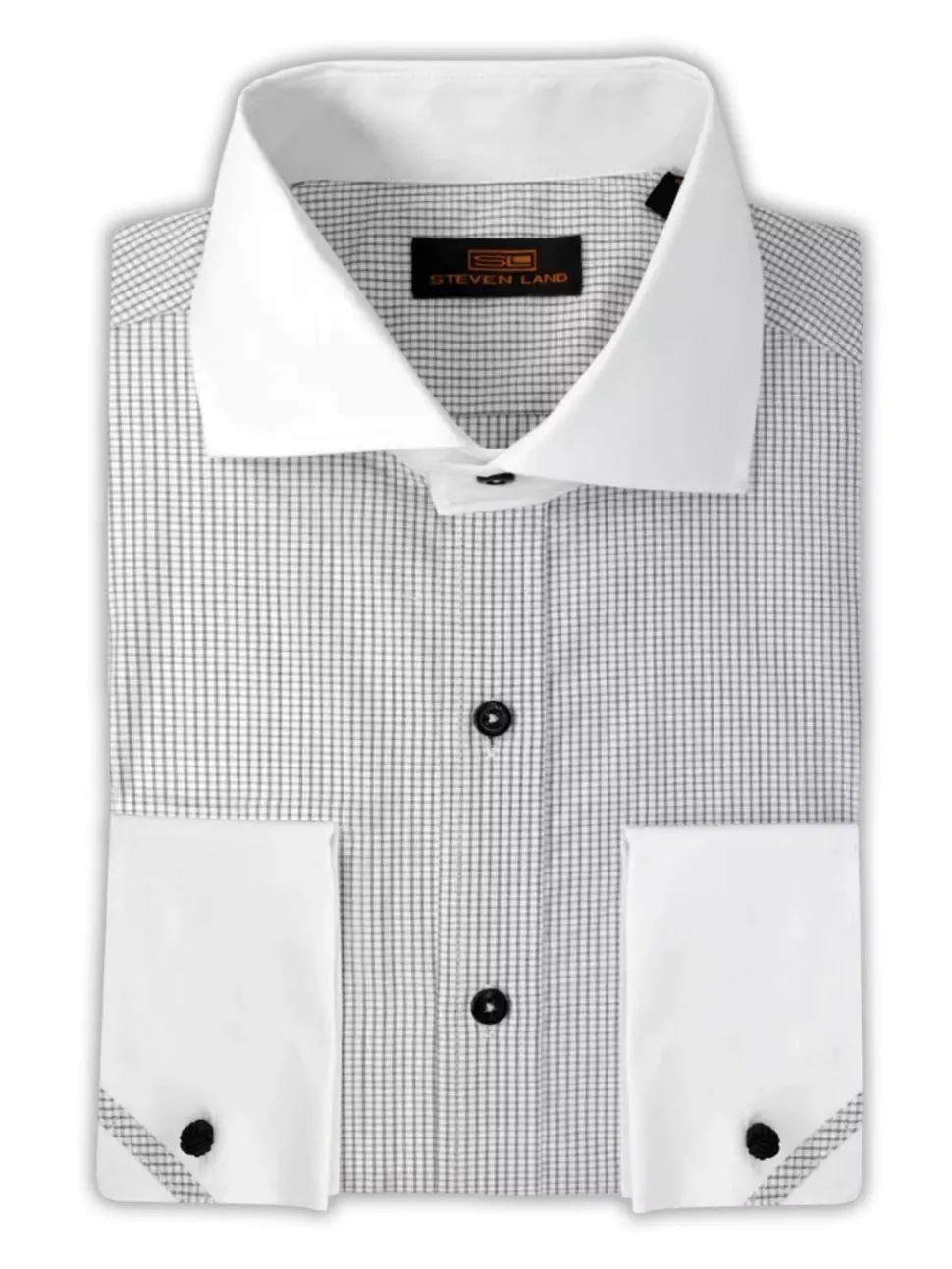 Steven Land Mens Black Check Contrast Collar & French Cuff Cotton Dress Shirt