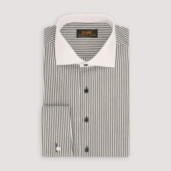 Steven Land Mens Black Striped 100% Cotton French Cuff Cutaway Collar Dress Shirt