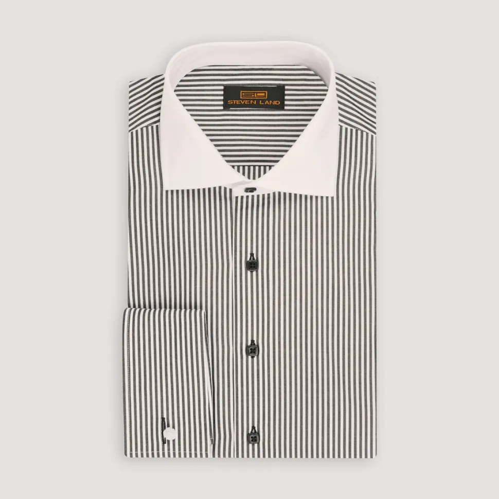 Steven Land Mens Black Striped 100% Cotton French Cuff Cutaway Collar Dress Shirt