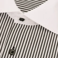 Steven Land Mens Black Striped 100% Cotton French Cuff Cutaway Collar Dress Shirt