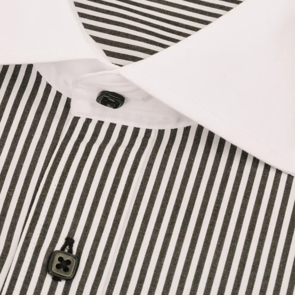 Steven Land Mens Black Striped 100% Cotton French Cuff Cutaway Collar Dress Shirt