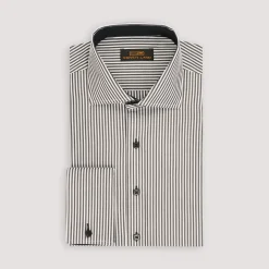 Steven Land Mens Black Striped 100% Cotton French Cuff Cutaway Collar Dress Shirt