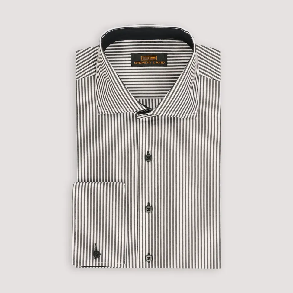 Steven Land Mens Black Striped 100% Cotton French Cuff Cutaway Collar Dress Shirt