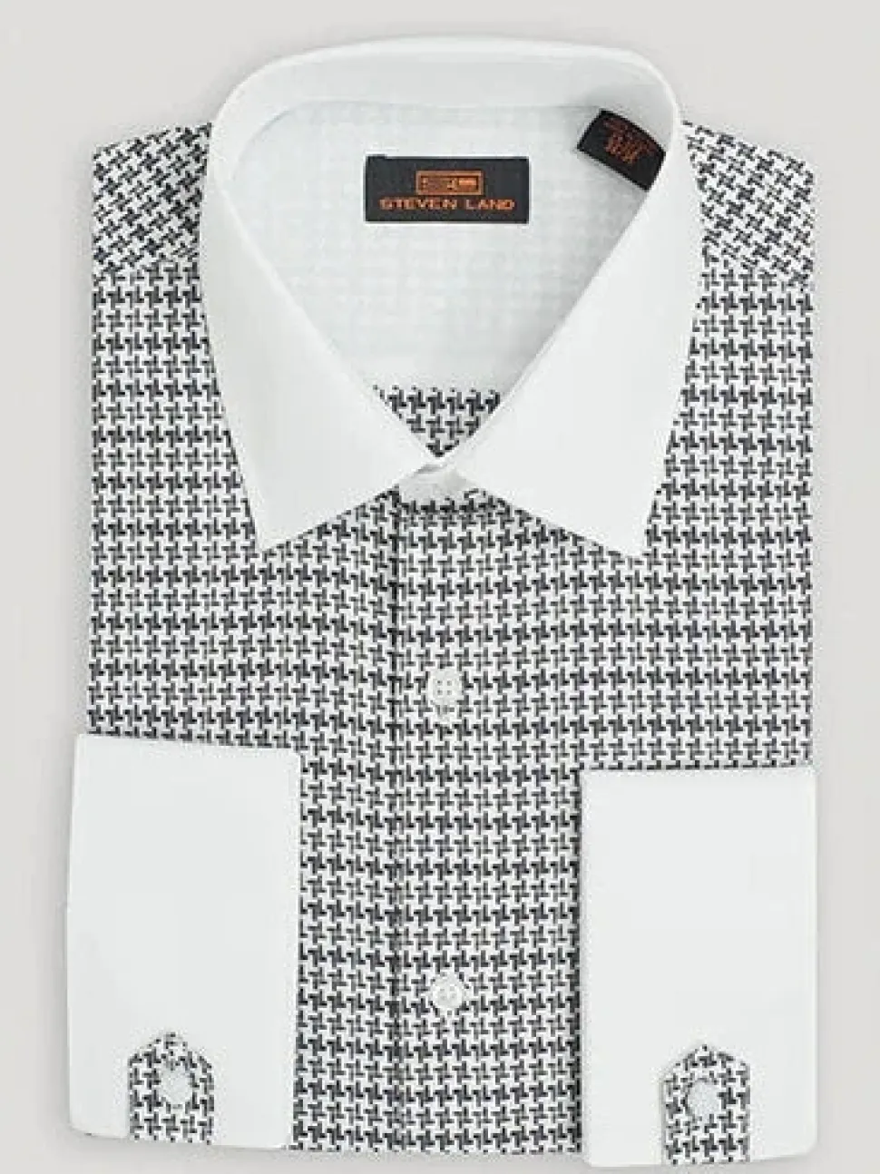 Steven Land Mens Black & White 100% Cotton Contrast Collar & French Cuff Dress Shirt