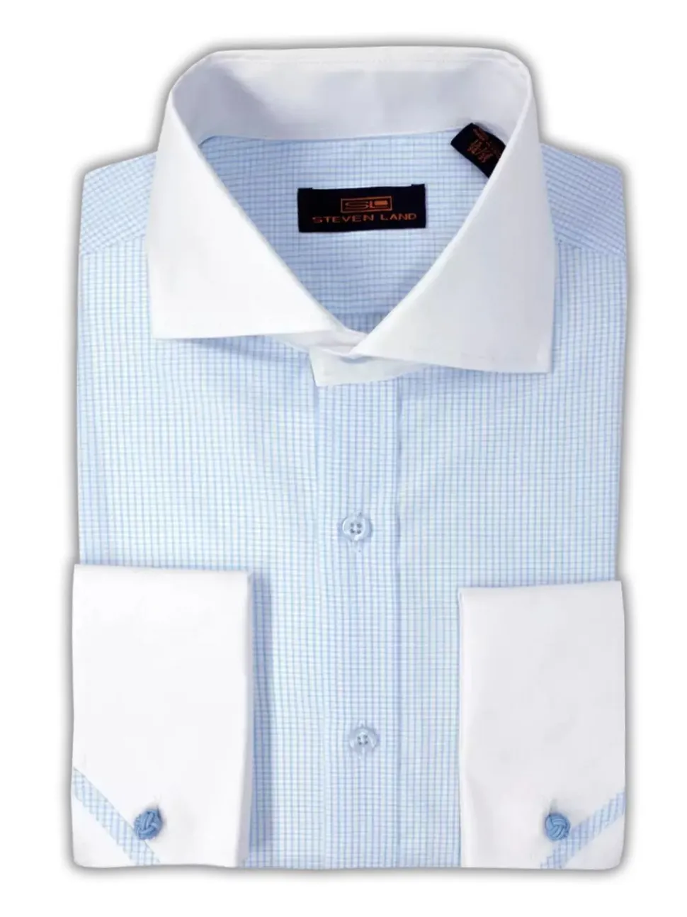 Steven Land Mens Blue Check Contrast Collar & French Cuff Cotton Dress Shirt