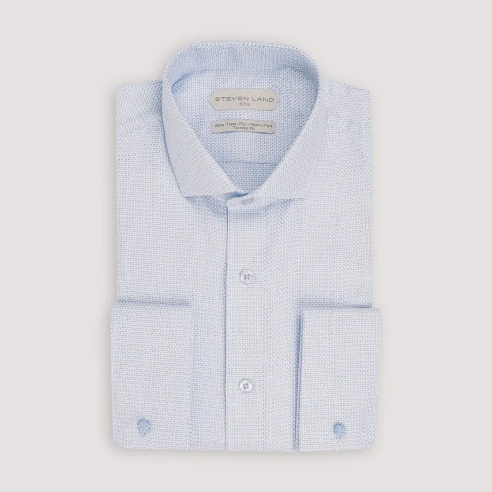 Steven Land Mens Blue Check French Cuff Spread Collar 100% CottonDress Shirt