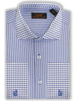Steven Land Mens Blue Check Spread Collar French Cuff 100% Cotton Dress Shirt