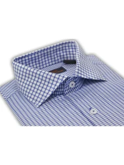 Steven Land Mens Blue Check Spread Collar French Cuff 100% Cotton Dress Shirt