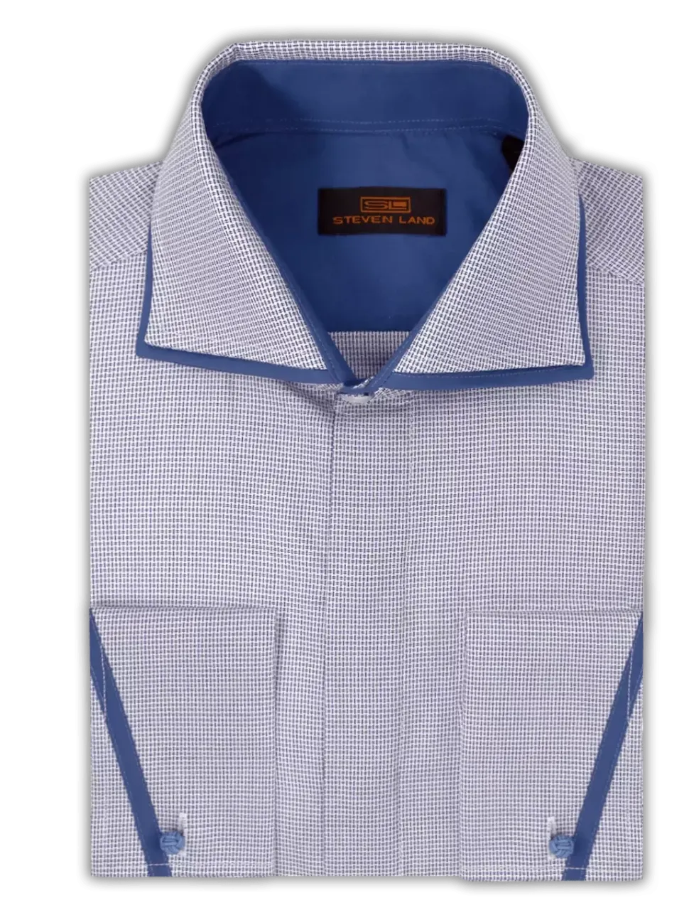 Steven Land Mens Blue Classic Fit Spread Collar French Cuff Cotton Dress Shirt