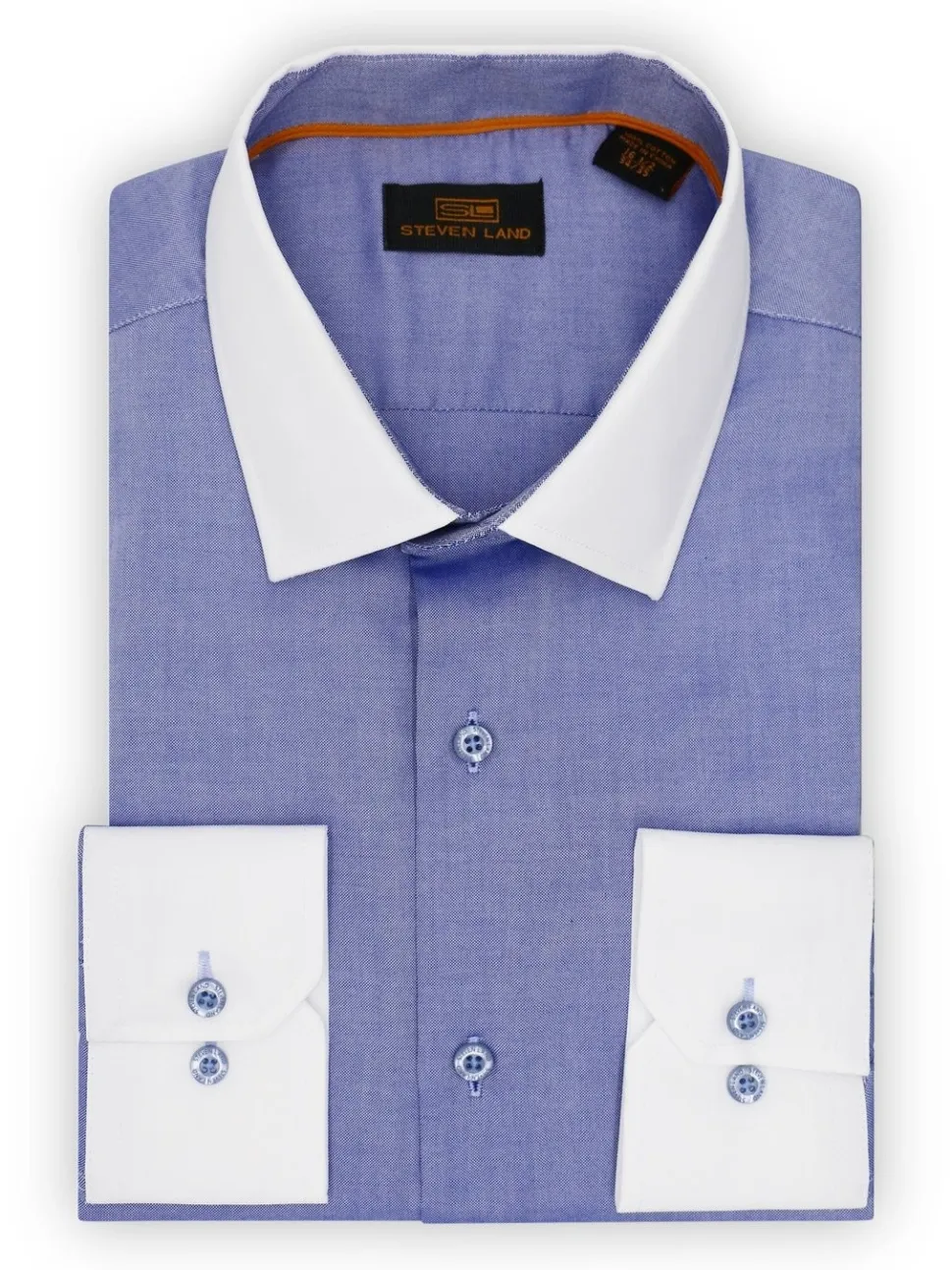 Steven Land Mens Blue 100% Cotton Contrast Cuff & Spread Collar Dress Shirt