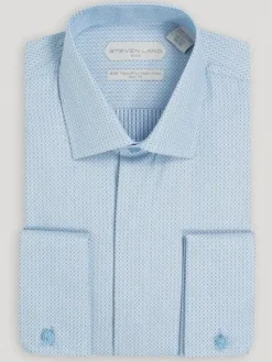 Steven Land Mens Blue Slim Fit 100% Cotton Spread Collar French Cuff Dress Shirt