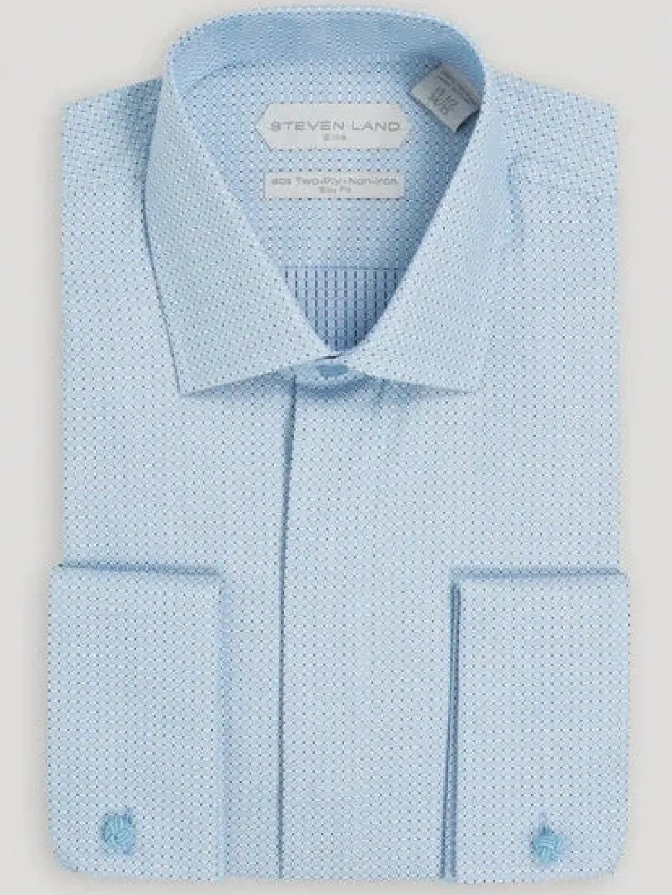 Steven Land Mens Blue Slim Fit 100% Cotton Spread Collar French Cuff Dress Shirt